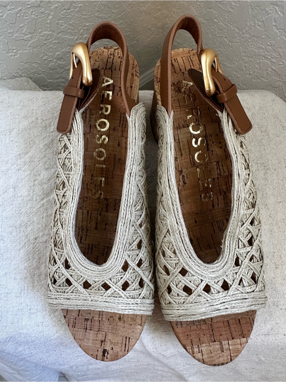 AEROSOLES Cream Woven Espadrille Wedges with Brown Ankle Strap